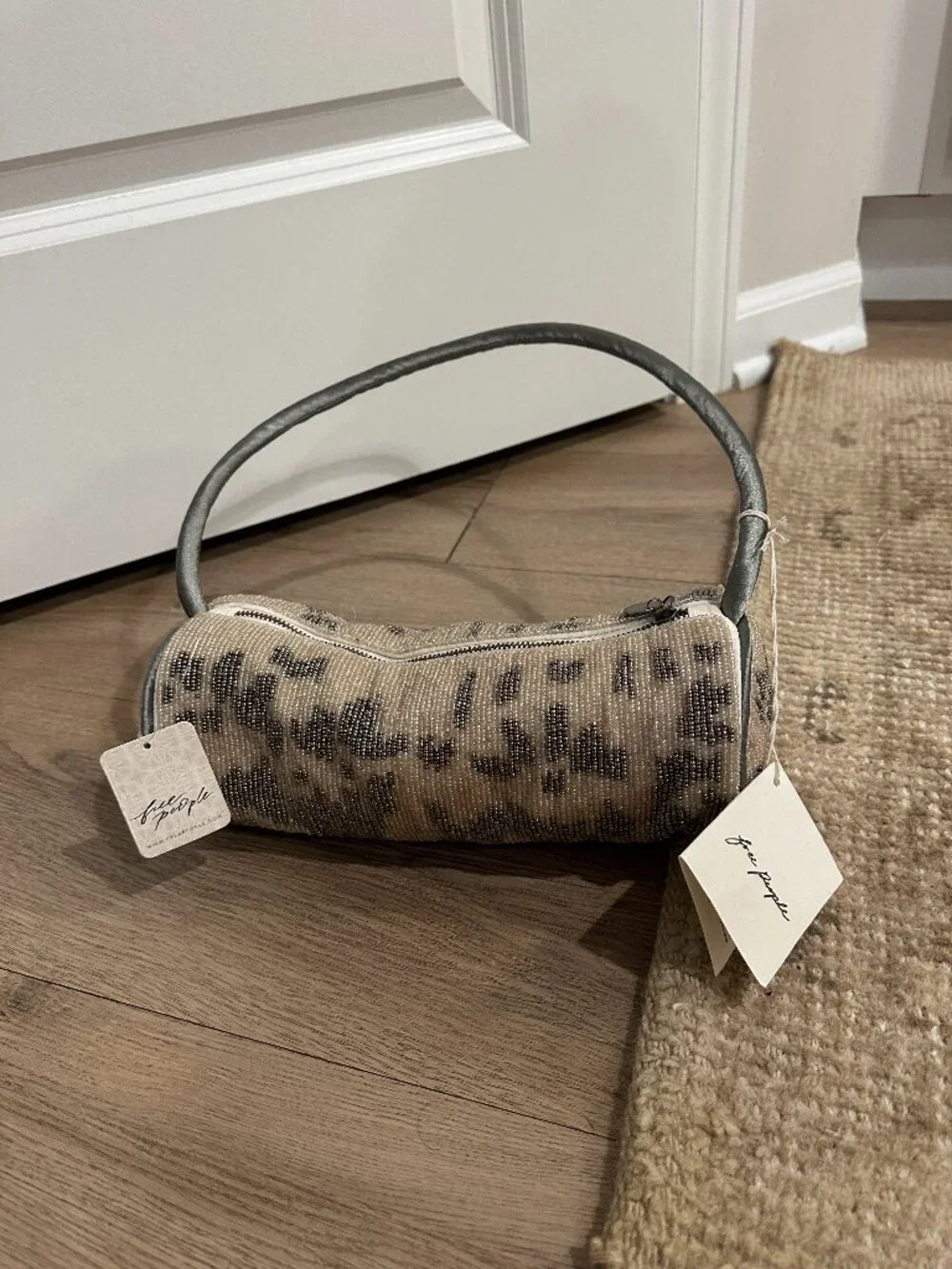 FREE PEOPLE Bailey Beaded Barrel Bag in Cream / Grey NWT